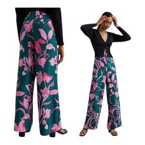 Anthropologie Teal Wide-Leg Pants with Pink Floral Print